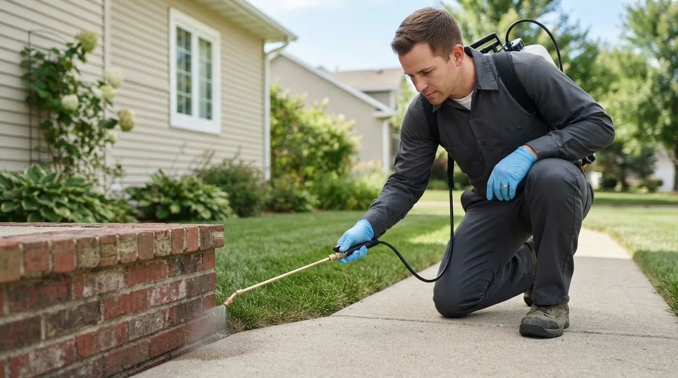 Pest control technician treating a home near Ulen, MN